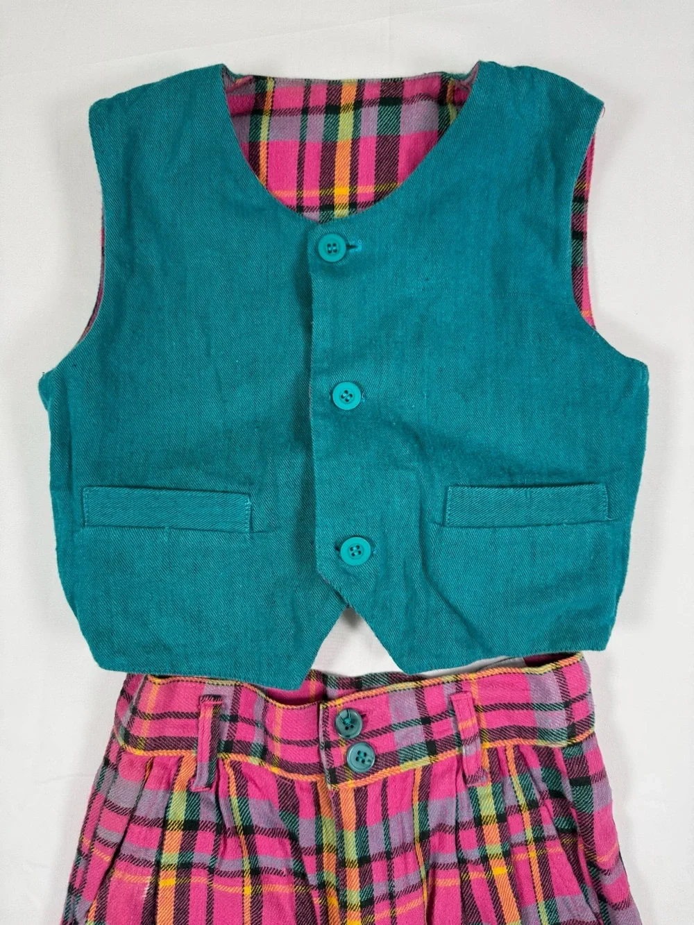 VINTAGE YAKKITY YAK 1990s Reversible Plaid Vest & Shorts Set Size 5 Cotton Rayon